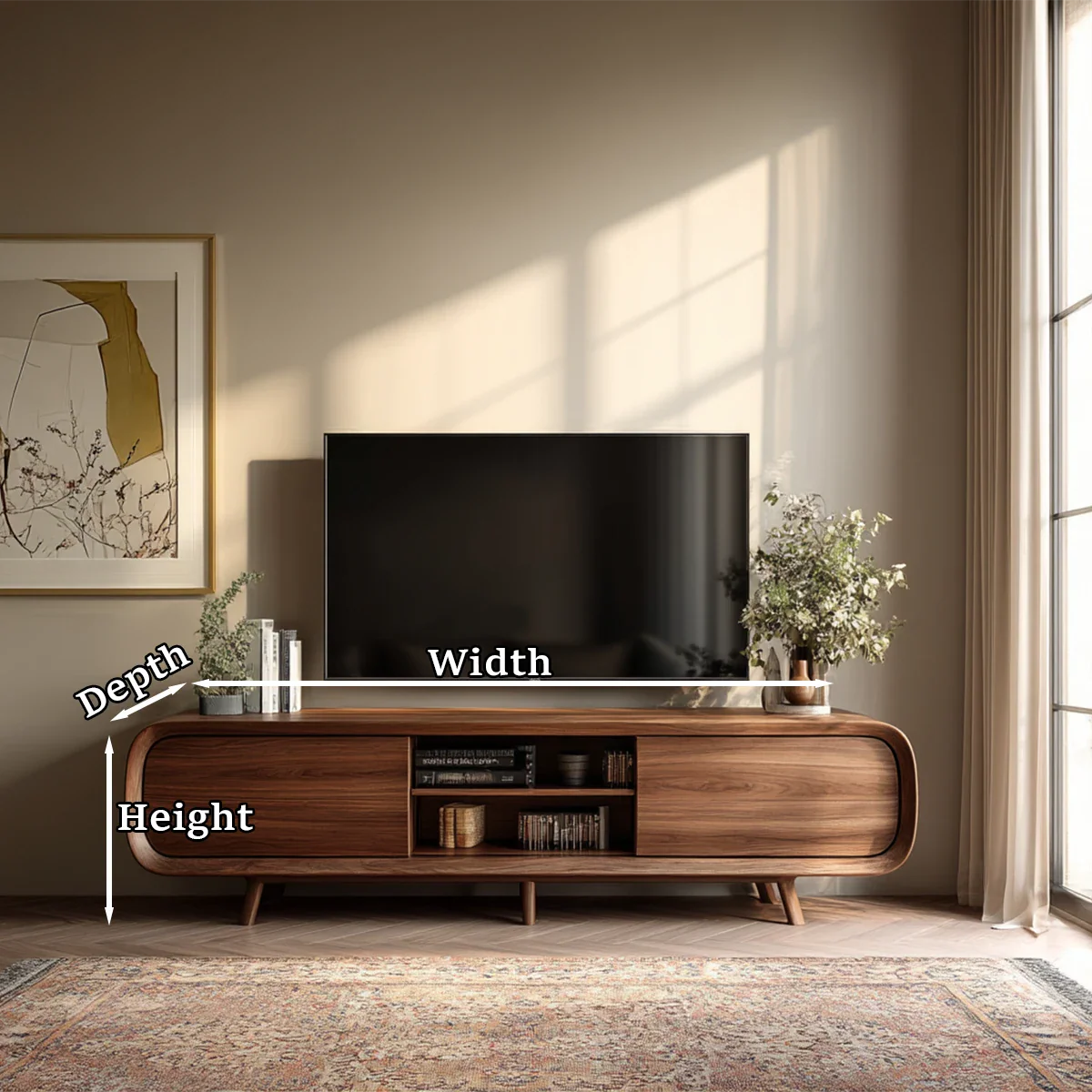 Mid Century Curved TV Stand in Natural Solid Wood with Door Storage and Open Shelf - ArborisWood - 11