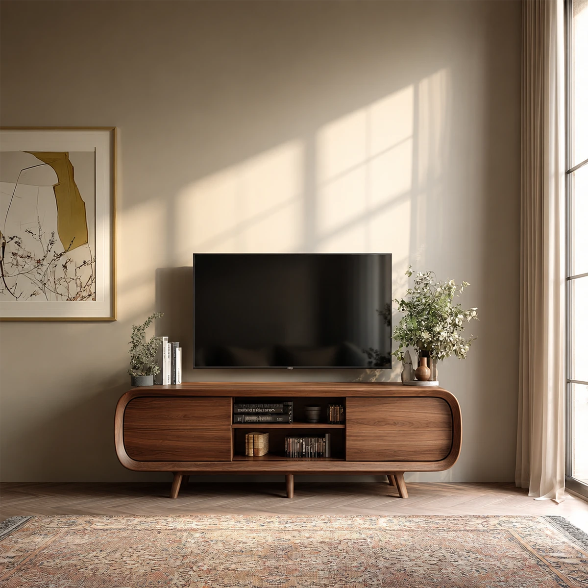 Mid Century Curved TV Stand in Natural Solid Wood with Door Storage and Open Shelf - ArborisWood - 12