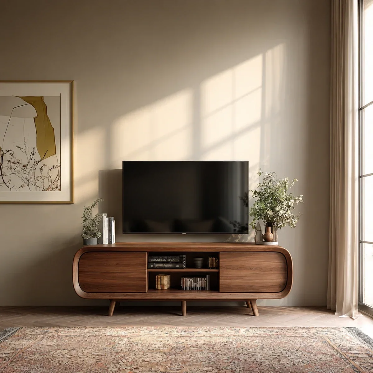 Mid Century Curved TV Stand in Natural Solid Wood with Door Storage and Open Shelf - Arboriswood - 12
