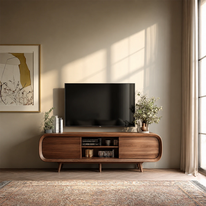 Mid Century Curved TV Stand in Natural Solid Wood with Door Storage and Open Shelf - ArborisWood - 13