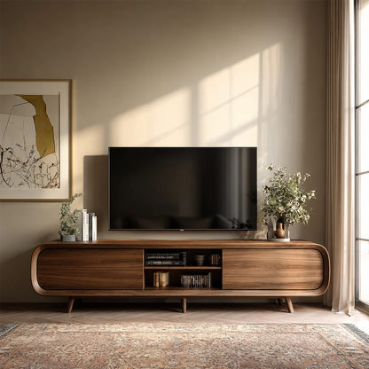 Mid Century Curved TV Stand in Natural Solid Wood with Door Storage and Open Shelf - ArborisWood - 14