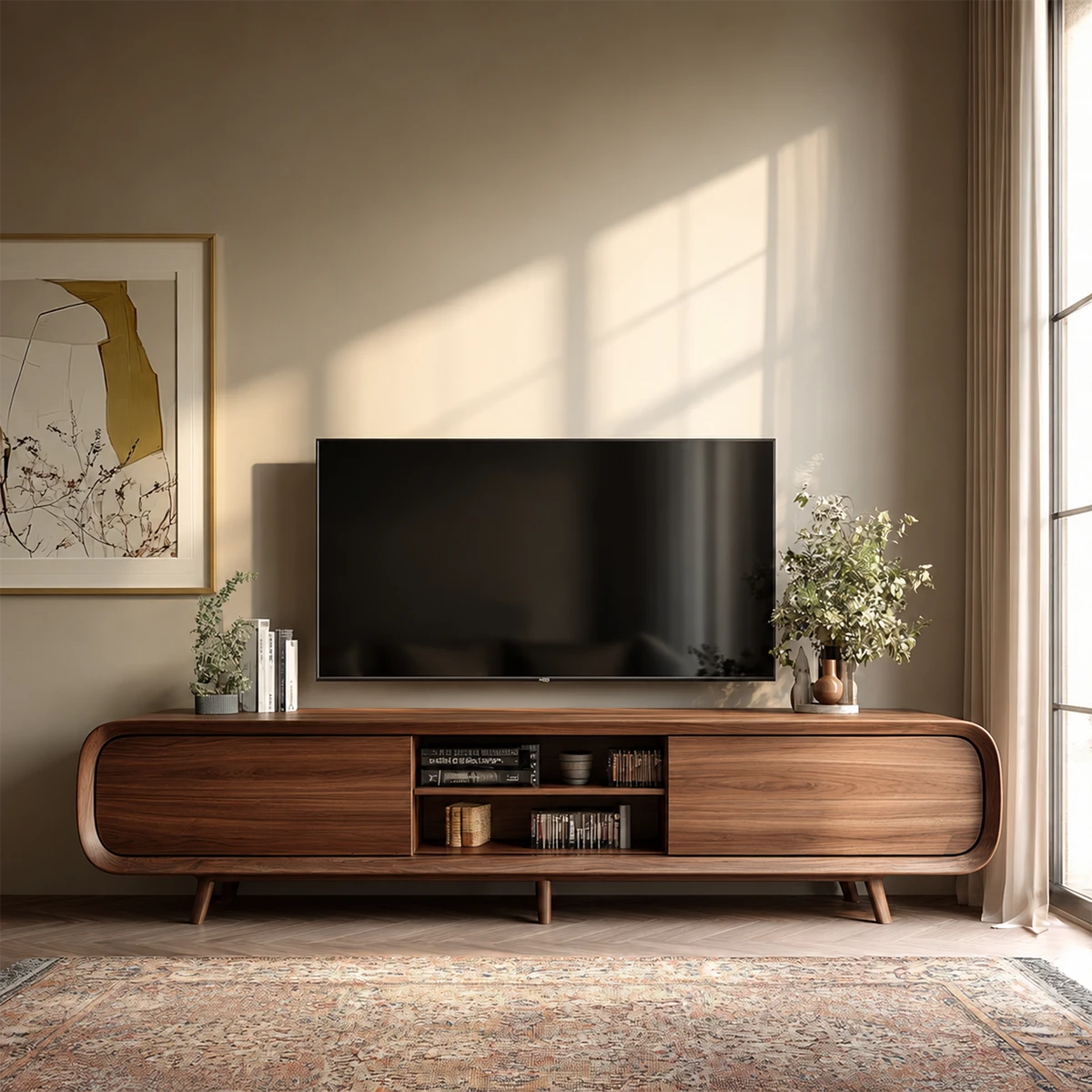 Mid Century Curved TV Stand in Natural Solid Wood with Door Storage and Open Shelf - ArborisWood - 15