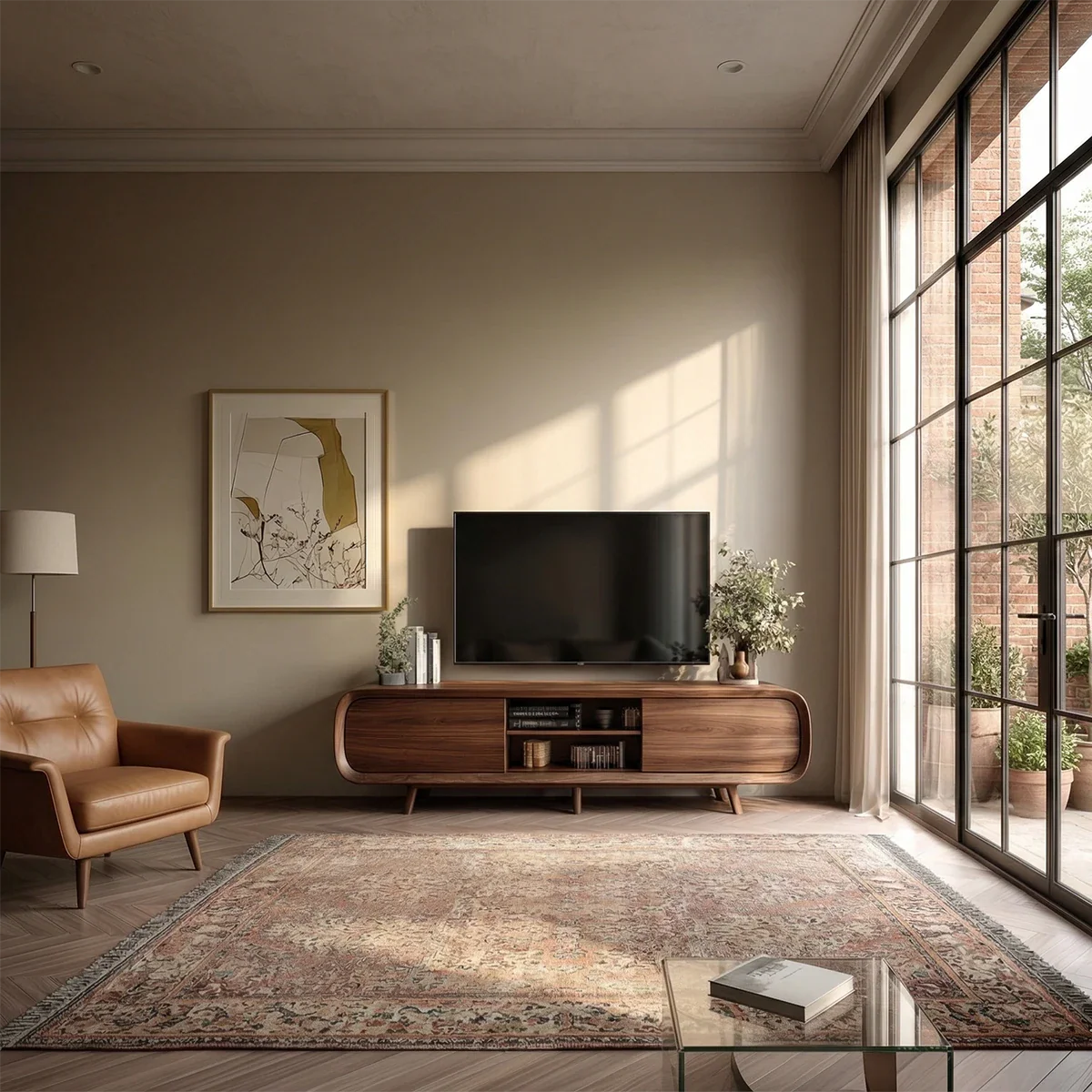 Mid Century Curved TV Stand in Natural Solid Wood with Door Storage and Open Shelf - ArborisWood - 2