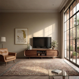 Mid Century Curved TV Stand in Natural Solid Wood with Door Storage and Open Shelf - Arboriswood - 2