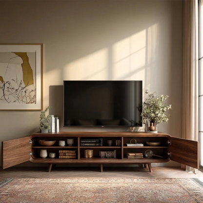 Mid Century Curved TV Stand in Natural Solid Wood with Door Storage and Open Shelf - ArborisWood - 3