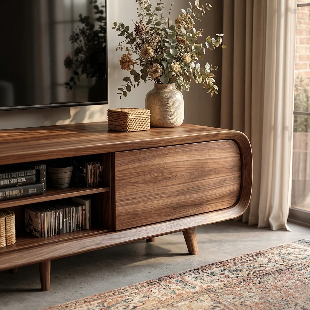 Mid Century Curved TV Stand in Natural Solid Wood with Door Storage and Open Shelf - ArborisWood - 4