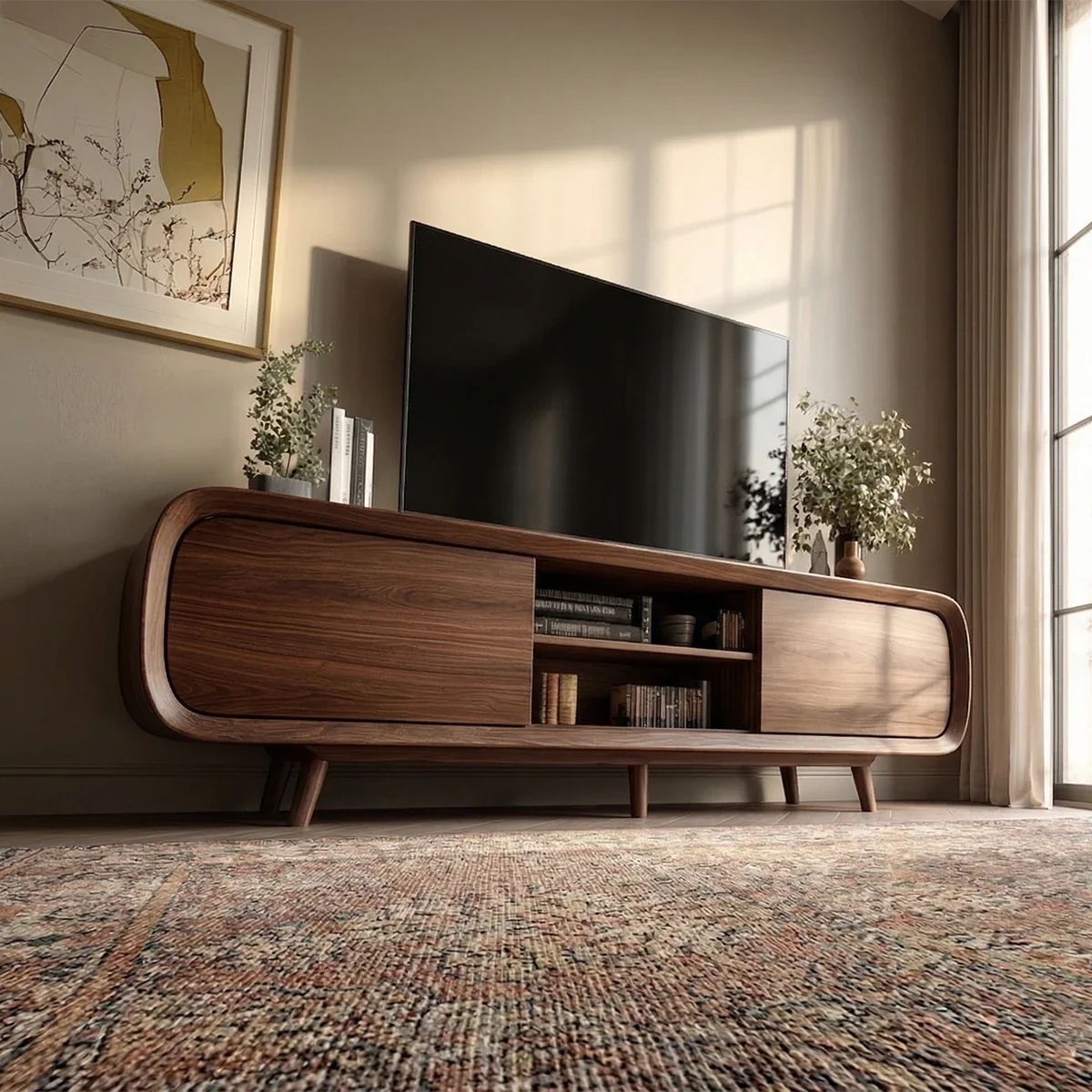 Mid Century Curved TV Stand in Natural Solid Wood with Door Storage and Open Shelf - ArborisWood - 5