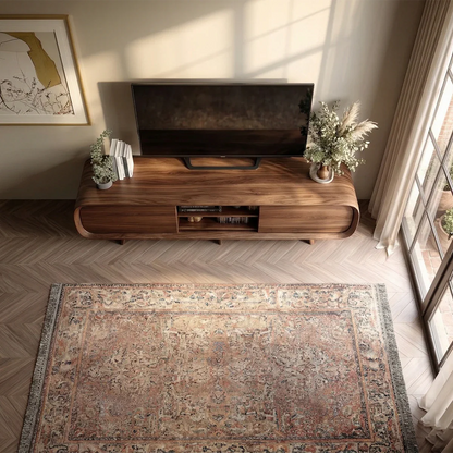 Mid Century Curved TV Stand in Natural Solid Wood with Door Storage and Open Shelf - ArborisWood - 6