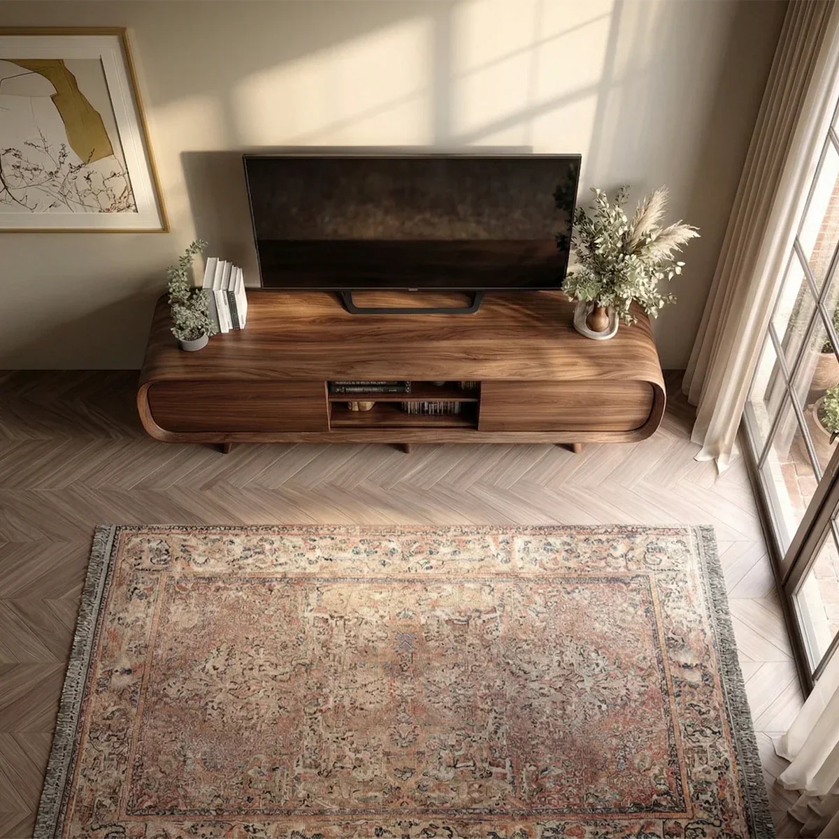 Mid Century Curved TV Stand in Natural Solid Wood with Door Storage and Open Shelf - Arboriswood - 6