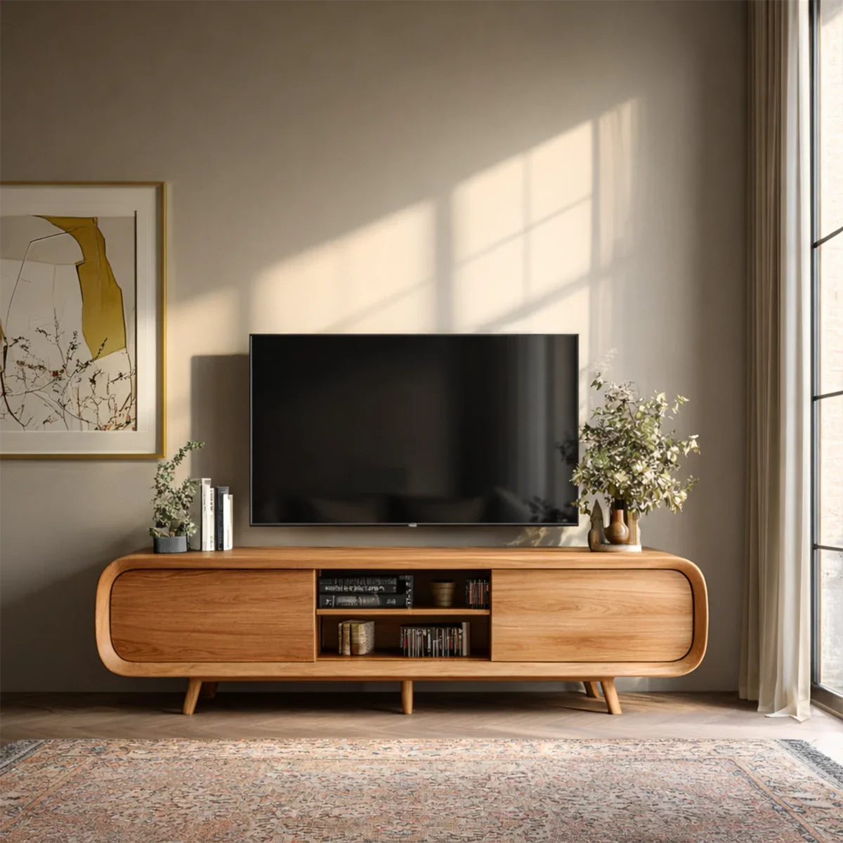 Mid Century Curved TV Stand in Natural Solid Wood with Door Storage and Open Shelf - ArborisWood - 7
