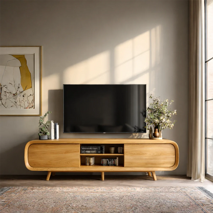 Mid Century Curved TV Stand in Natural Solid Wood with Door Storage and Open Shelf - ArborisWood - 8