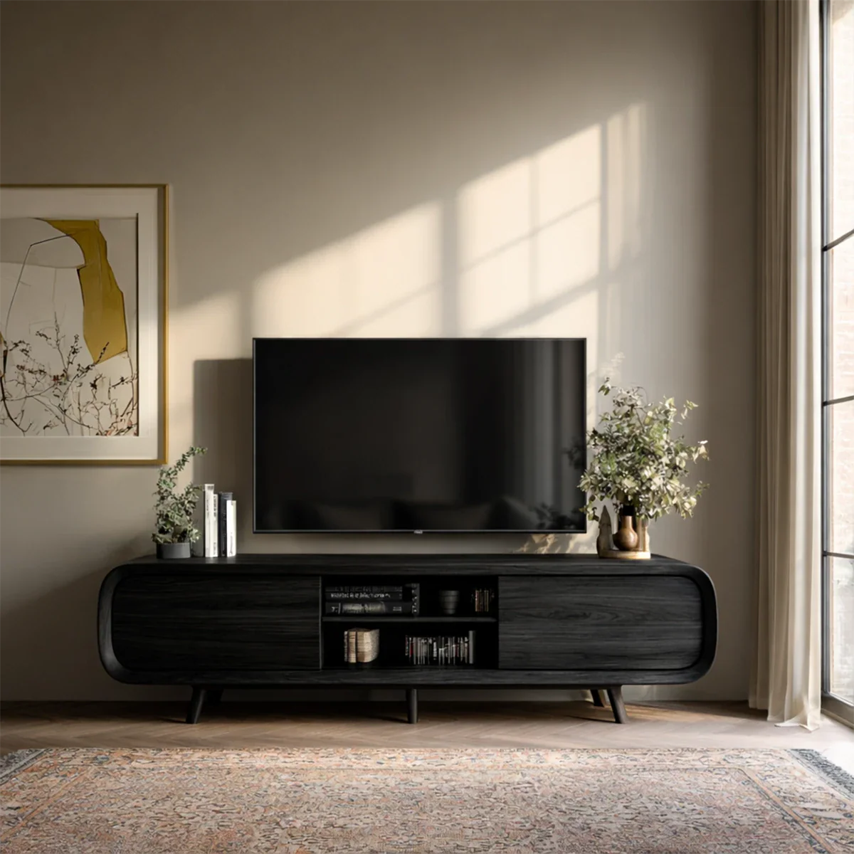 Mid Century Curved TV Stand in Natural Solid Wood with Door Storage and Open Shelf - ArborisWood - 9