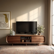 Mid Century Curved TV Stand in Natural Solid Wood with Door Storage and Open Shelf - Arboriswood