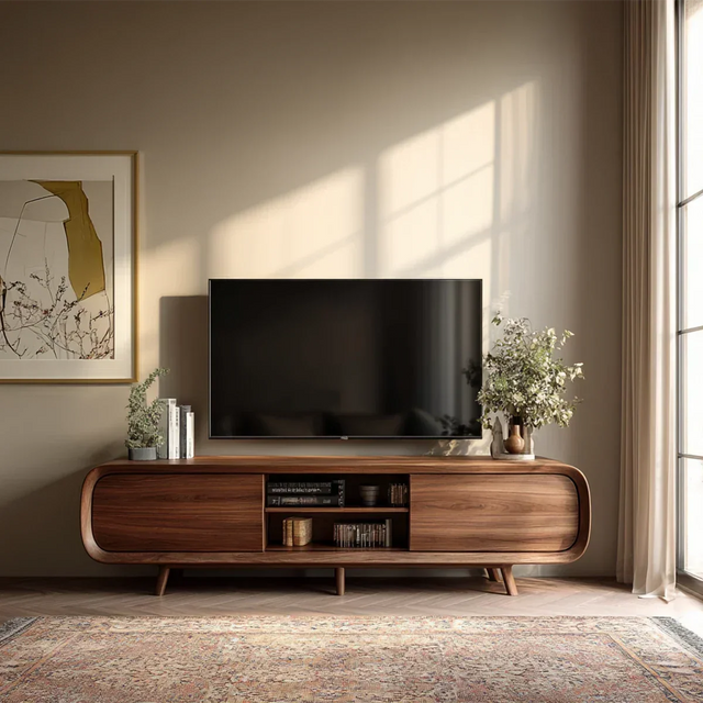 Mid Century Curved TV Stand in Natural Solid Wood with Door Storage and Open Shelf - Arboriswood