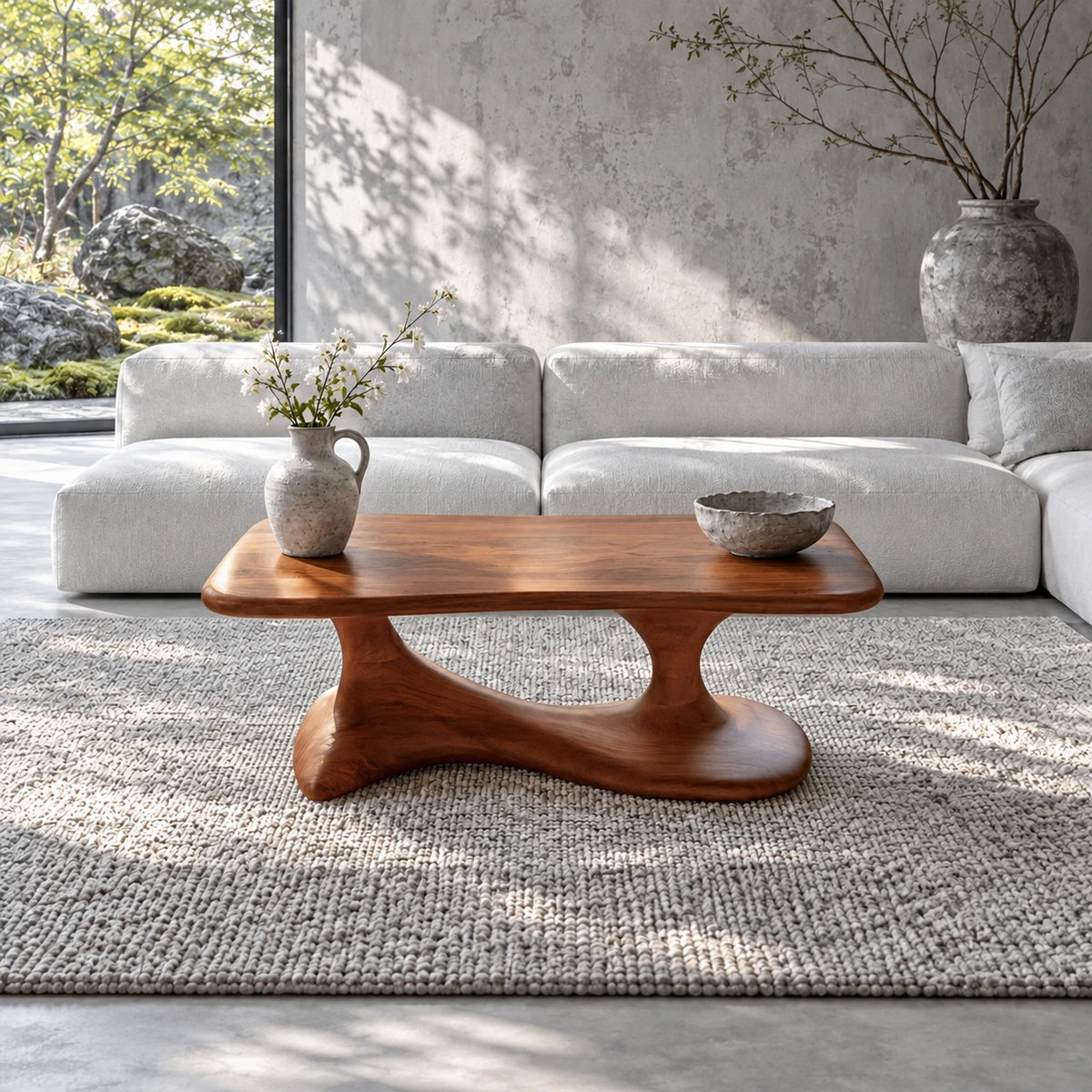 Mid Century Modern Coffee Table with Oblong Slab Top on Boomerang Pad-Foot Base - Arboriswood - 11