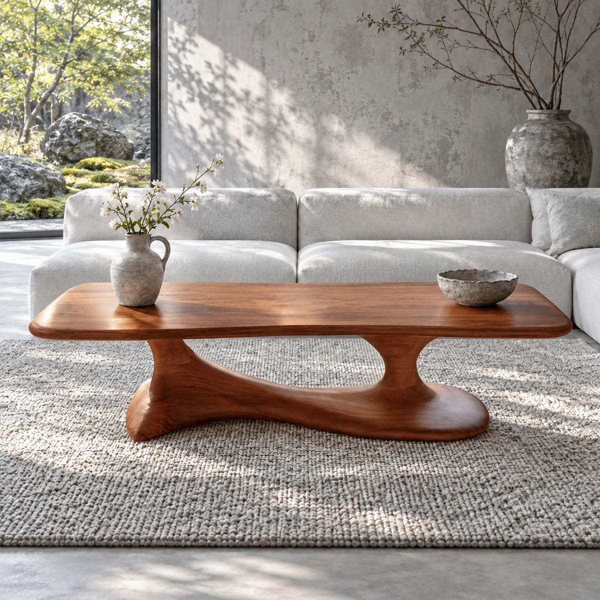 Mid Century Modern Coffee Table with Oblong Slab Top on Boomerang Pad-Foot Base - Arboriswood - 13