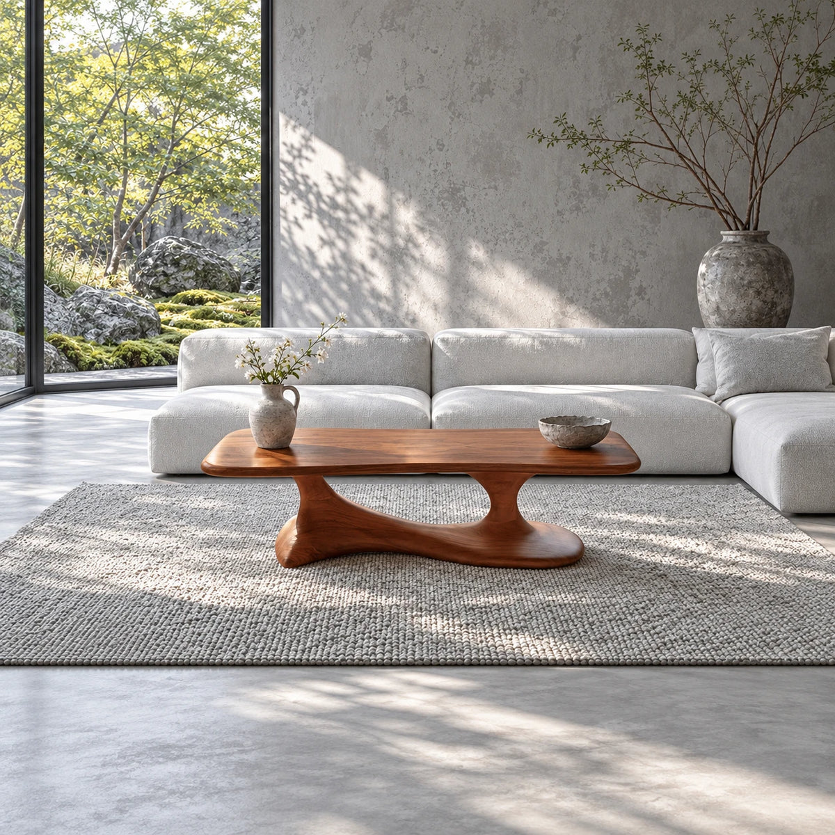 Mid Century Modern Coffee Table with Oblong Slab Top on Boomerang Pad-Foot Base - Arboriswood - 3