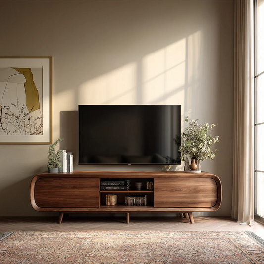 Mid century modern TV stand with curved edges and storage compartments in a warm minimalist living room
