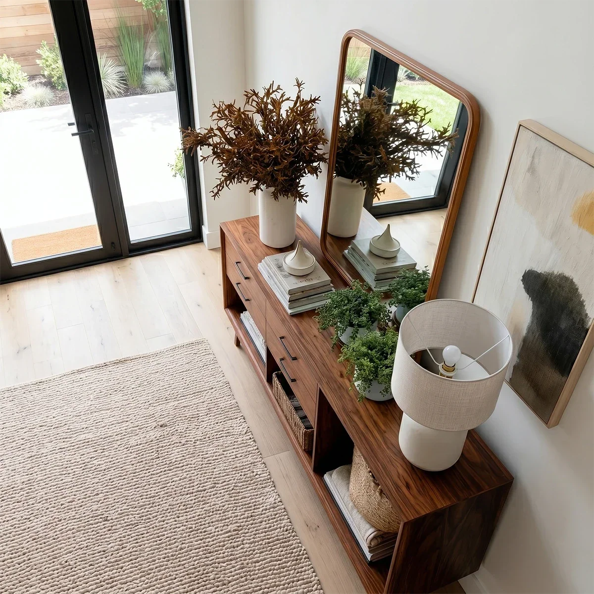 Mid Century Natural Solid Wood Console Table With Drawers and Open Shelves - Arboriswood - 5
