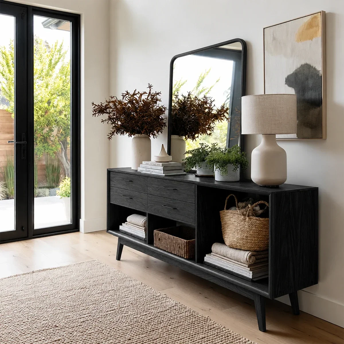 Mid Century Natural Solid Wood Console Table With Drawers and Open Shelves - Arboriswood - 8