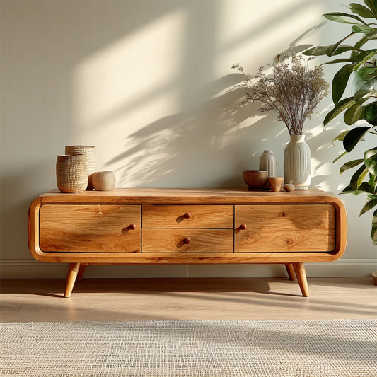 Mid century modern TV stand with rounded edges and storage drawers in a warm minimalist setting