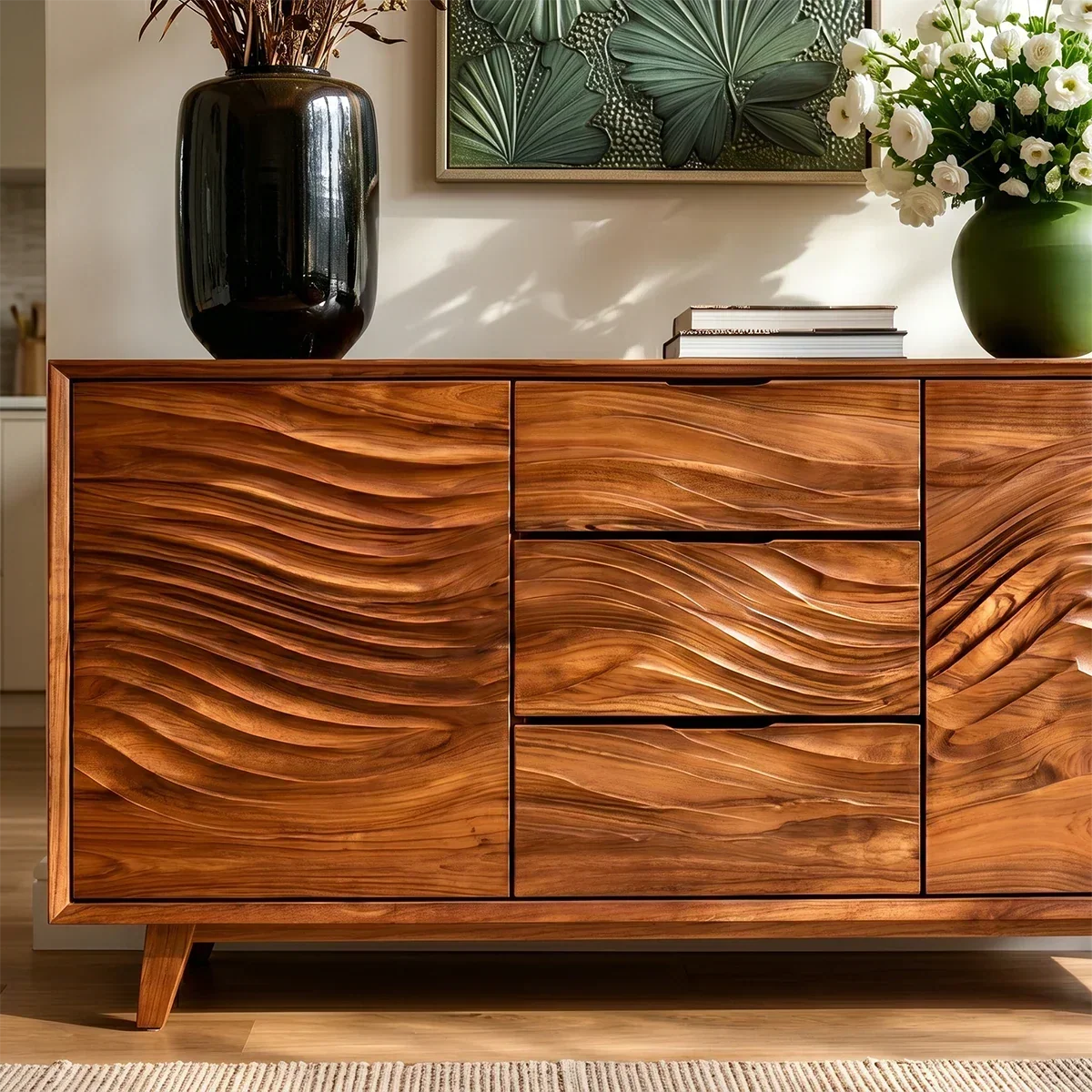 Mid Century Storage Sideboard in Natural Solid Wood with Wave Detailing - ArborisWood - 4