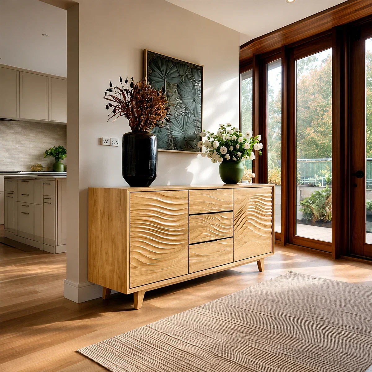 Mid Century Storage Sideboard in Natural Solid Wood with Wave Detailing - ArborisWood - 8