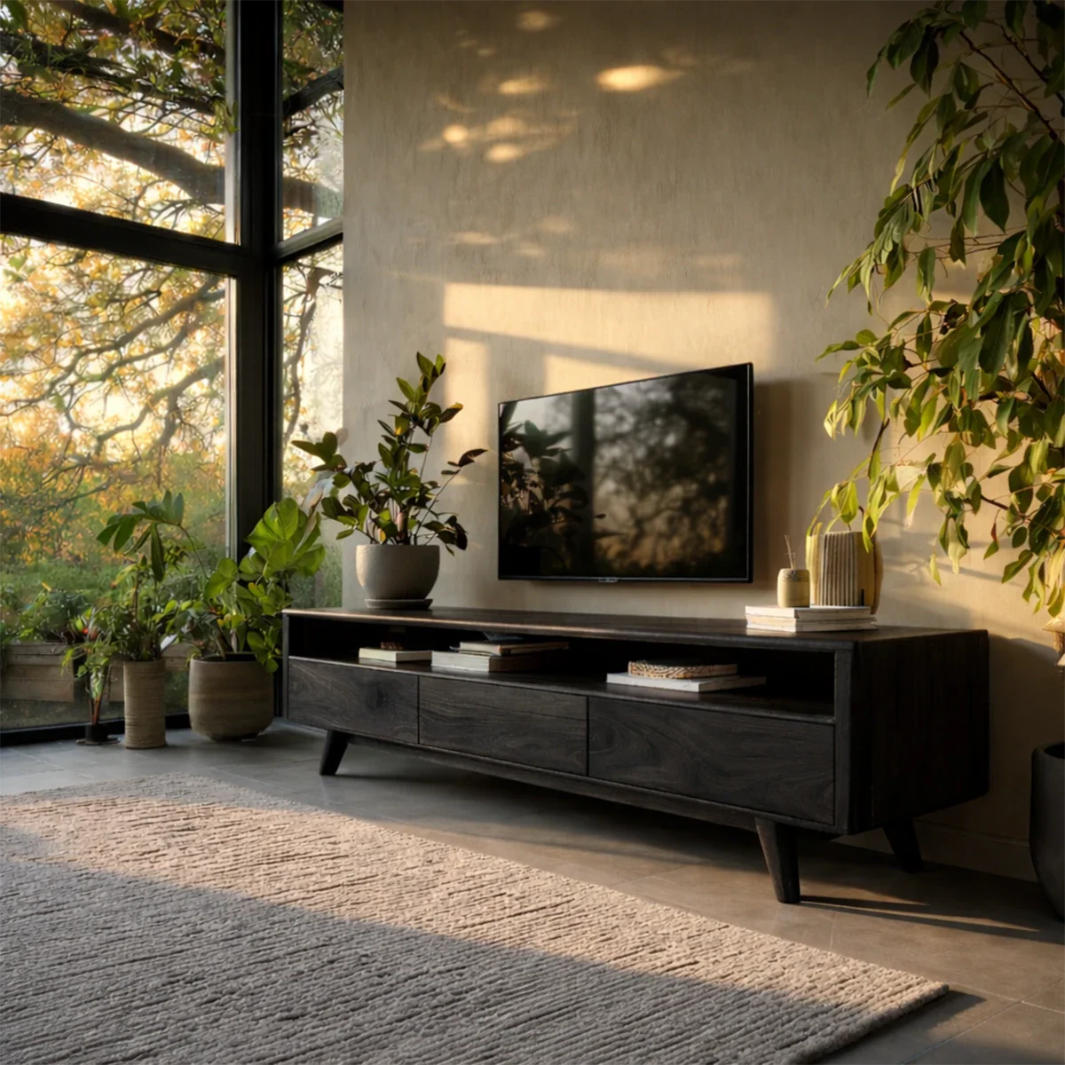 Mid Century Style TV Stand in Natural Solid Wood with Drawer Storage - ArborisWood - 10
