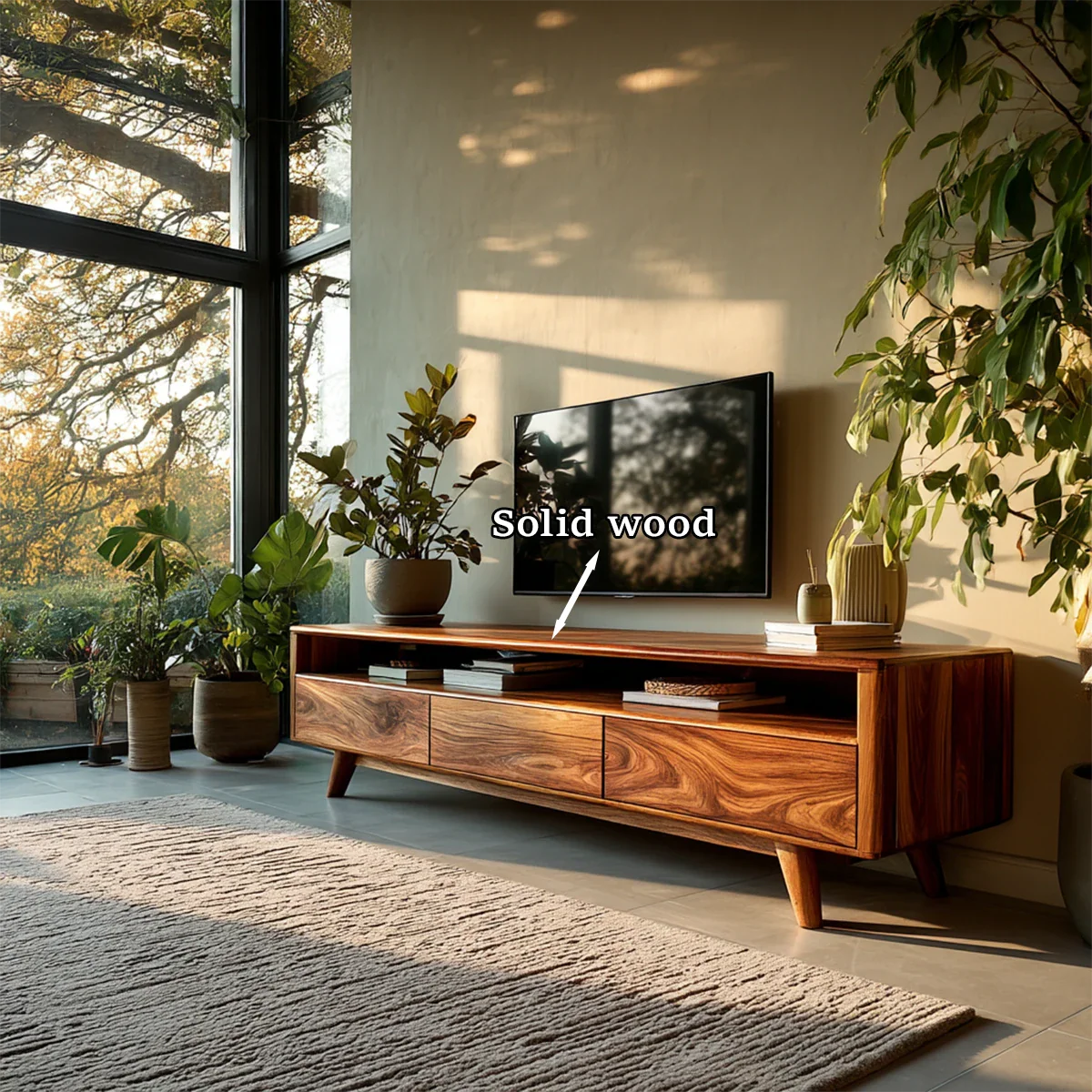 Mid Century Style TV Stand in Natural Solid Wood with Drawer Storage - ArborisWood - 11