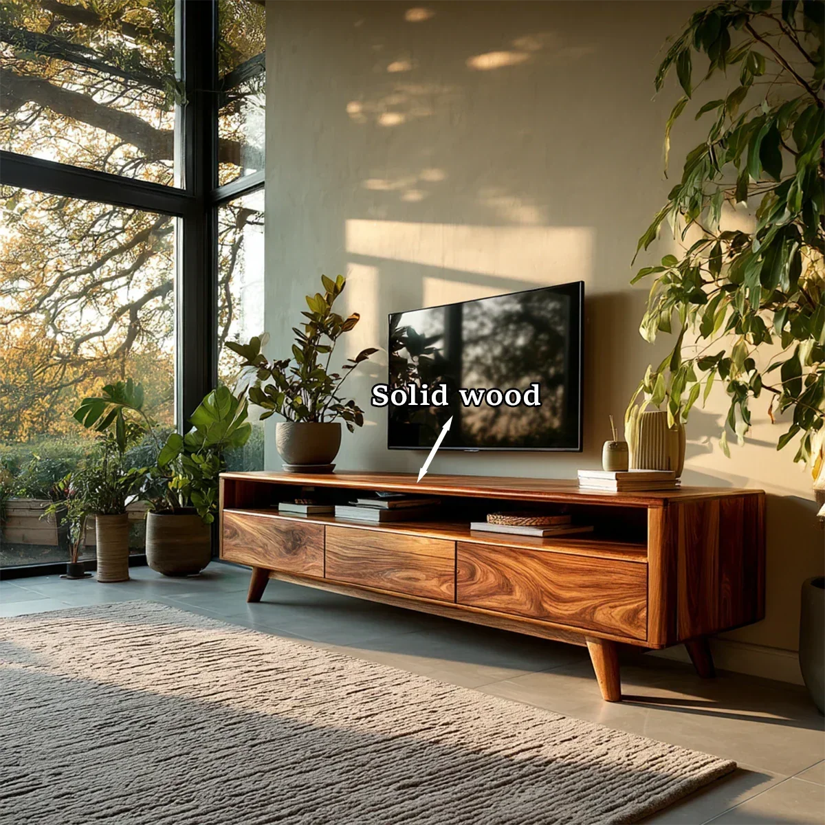 Mid Century Style TV Stand in Natural Solid Wood with Drawer Storage - Arboriswood - 11