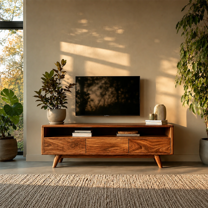 Mid Century Style TV Stand in Natural Solid Wood with Drawer Storage - ArborisWood - 13