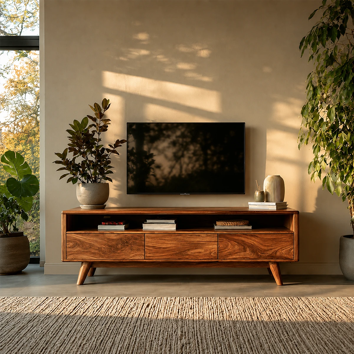 Mid Century Style TV Stand in Natural Solid Wood with Drawer Storage - ArborisWood - 14