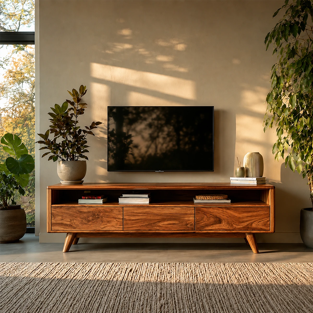 Mid Century Style TV Stand in Natural Solid Wood with Drawer Storage - ArborisWood - 15