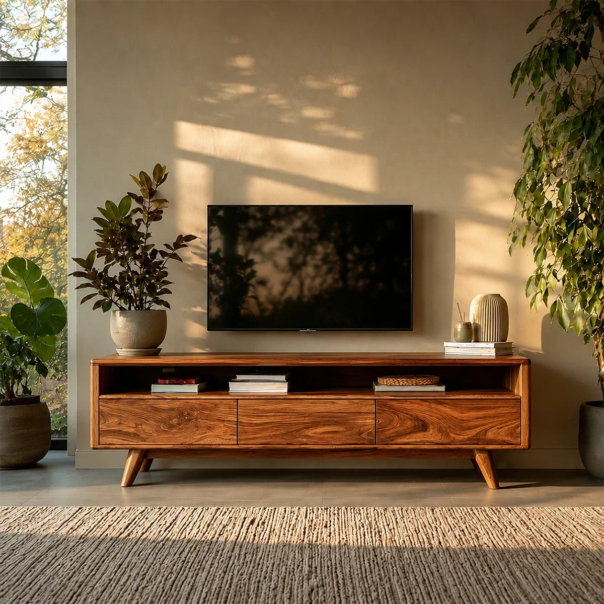 Mid Century Style TV Stand in Natural Solid Wood with Drawer Storage - Arboriswood - 15