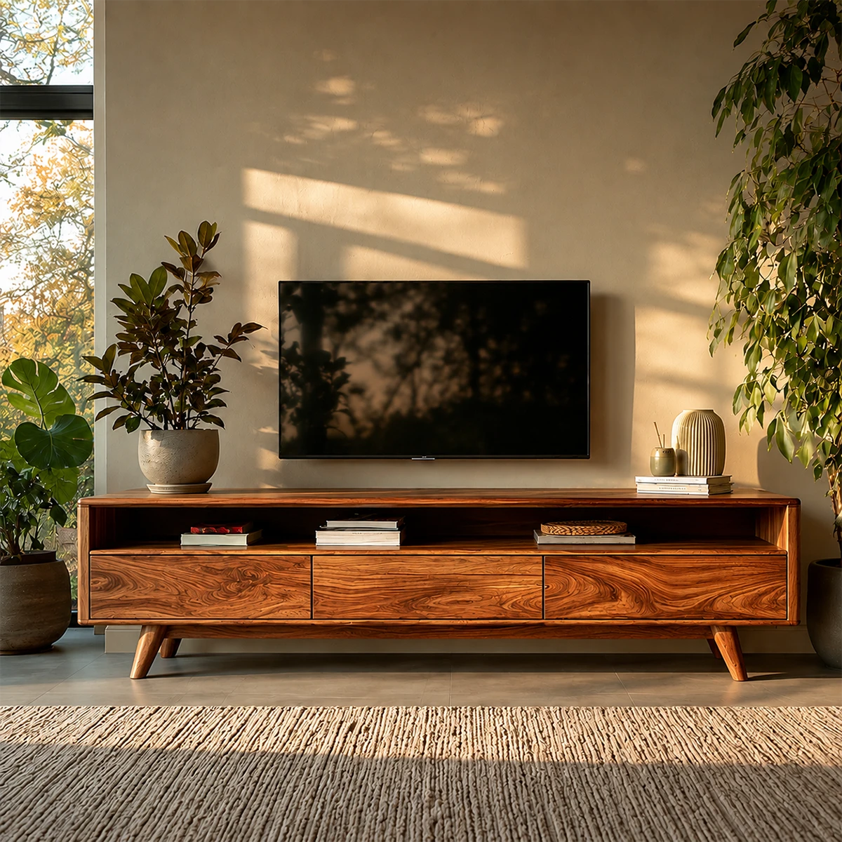 Mid Century Style TV Stand in Natural Solid Wood with Drawer Storage - ArborisWood - 16