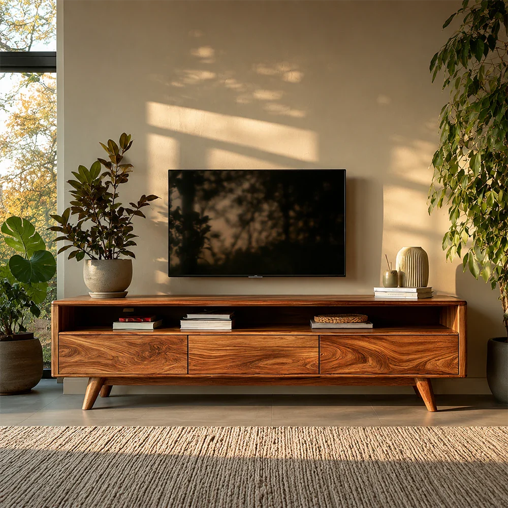 Mid Century Style TV Stand in Natural Solid Wood with Drawer Storage - ArborisWood - 3