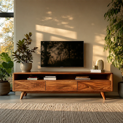 Mid Century Style TV Stand in Natural Solid Wood with Drawer Storage - ArborisWood - 3