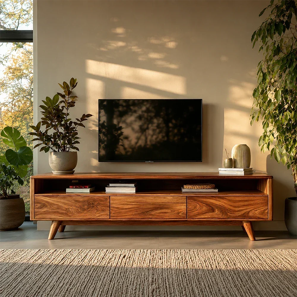 Mid Century Style TV Stand in Natural Solid Wood with Drawer Storage - Arboriswood - 3