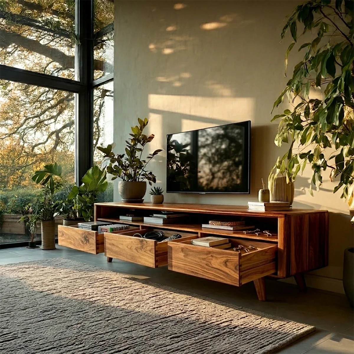 Mid Century Style TV Stand in Natural Solid Wood with Drawer Storage - ArborisWood - 4