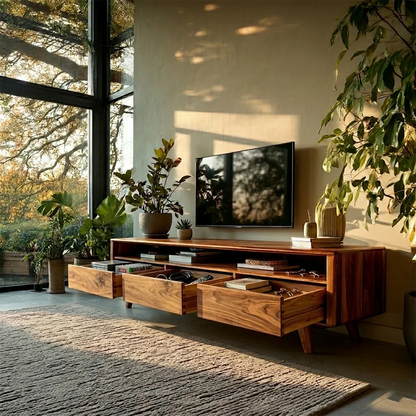 Mid Century Style TV Stand in Natural Solid Wood with Drawer Storage - ArborisWood - 4