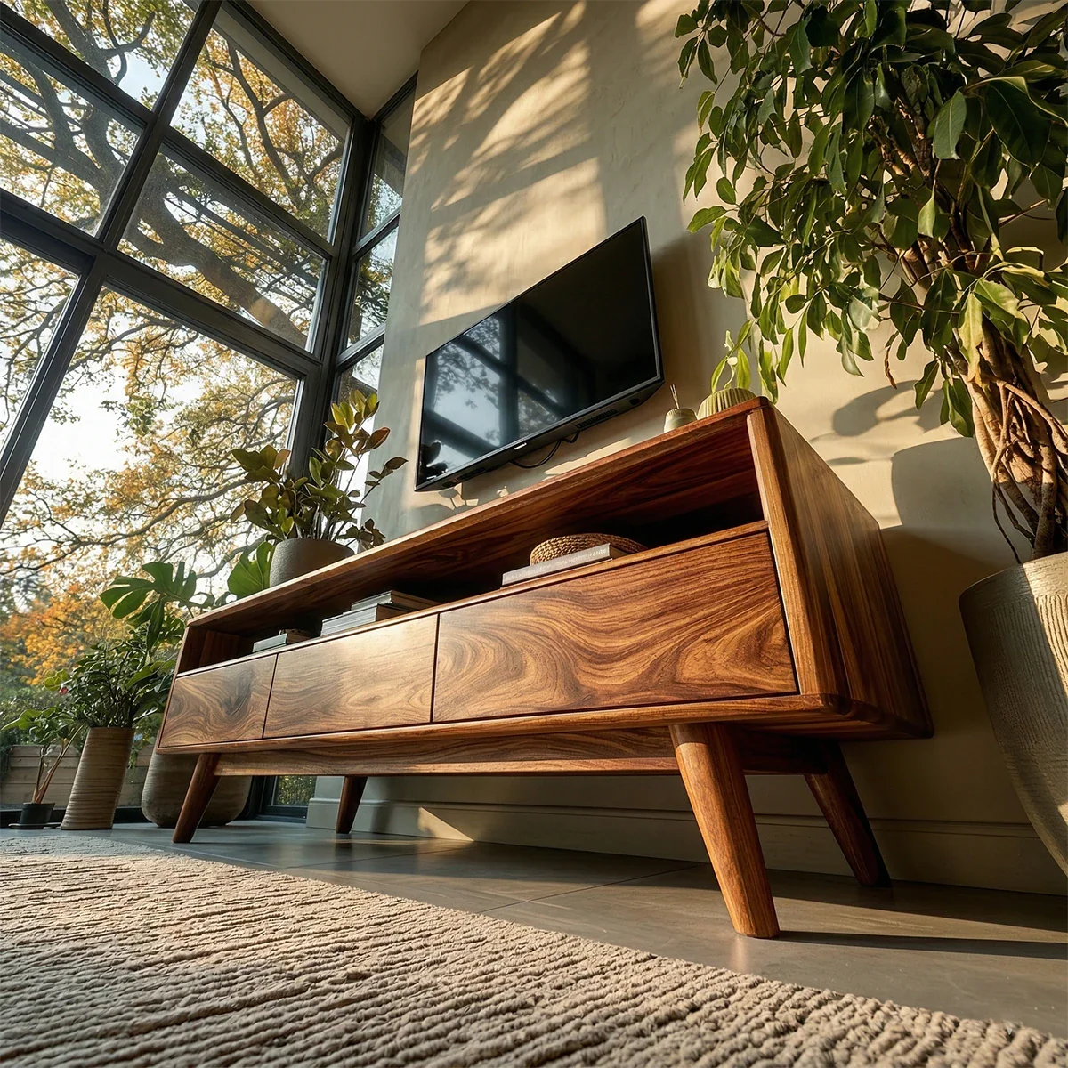 Mid Century Style TV Stand in Natural Solid Wood with Drawer Storage - ArborisWood - 6