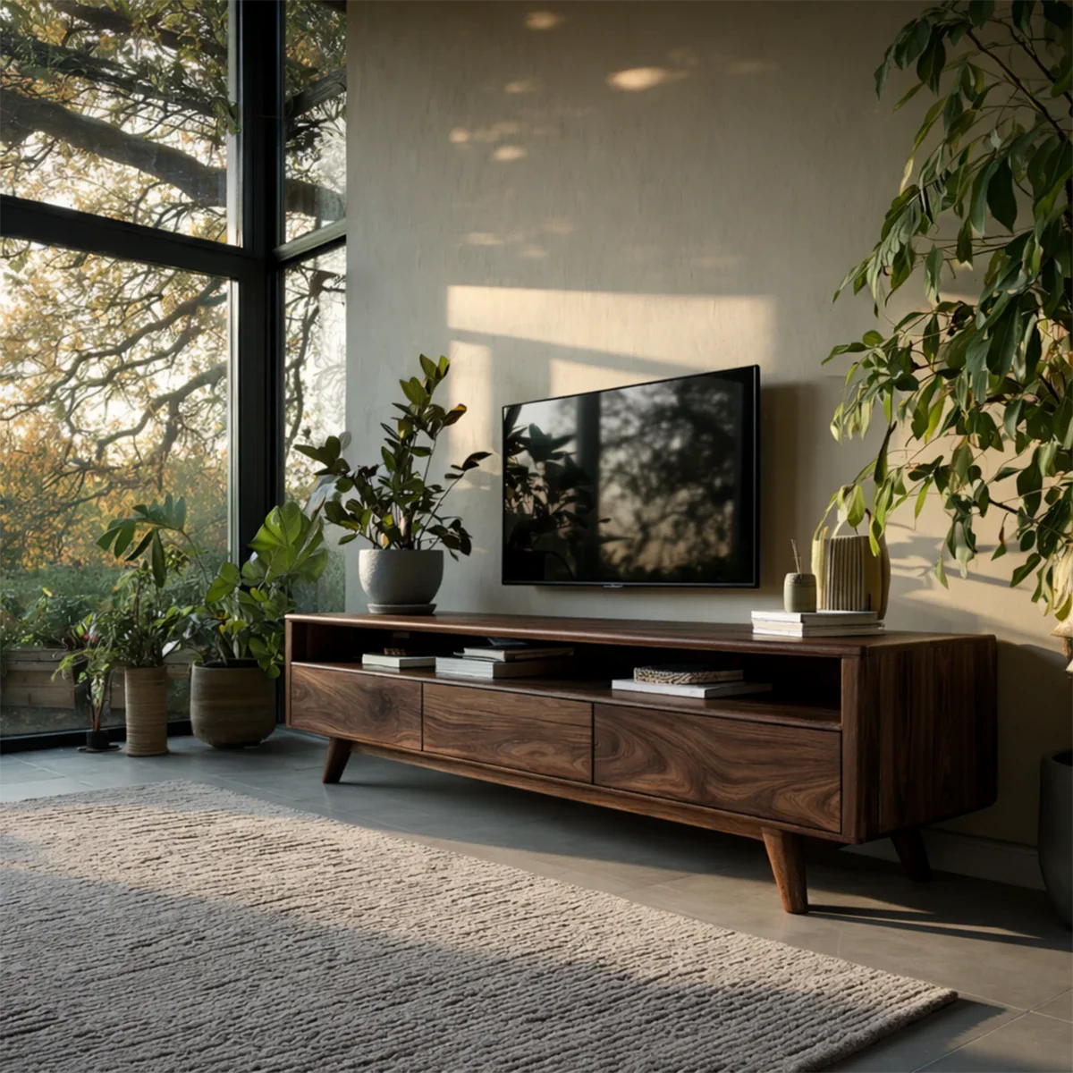 Mid Century Style TV Stand in Natural Solid Wood with Drawer Storage - ArborisWood - 8