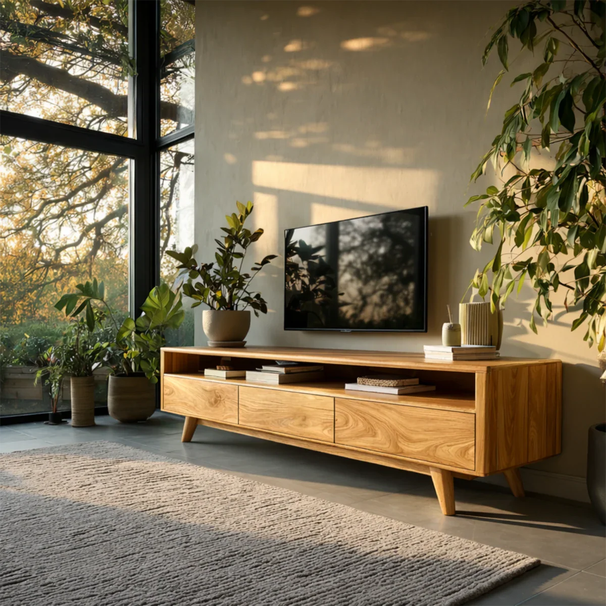 Mid Century Style TV Stand in Natural Solid Wood with Drawer Storage - ArborisWood - 9