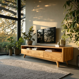Mid Century Style TV Stand in Natural Solid Wood with Drawer Storage - Arboriswood - 9