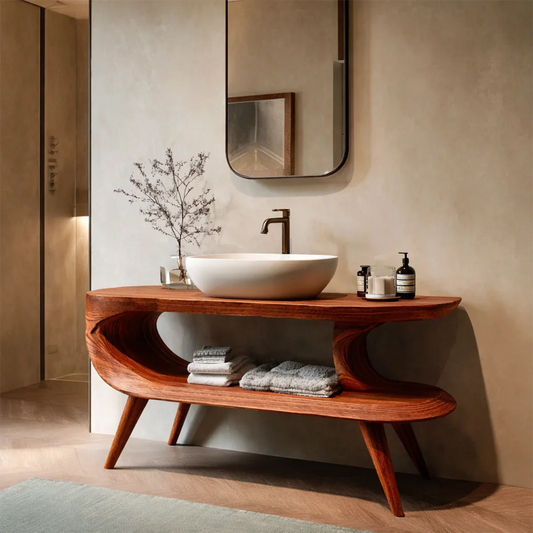Mid century brown wood bathroom vanity with curved shelf
