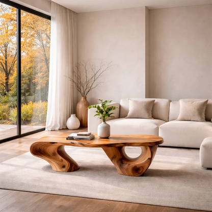 Brown coffee table with offset leg compact form