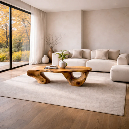 Minimal brown coffee table with asymmetrical legs