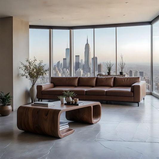 Dark walnut finish coffee table with curved sculptural base and smooth surface in a modern minimalist living space