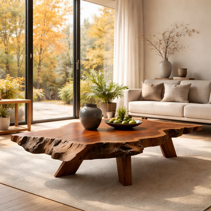 Deep brown coffee table with curved sculptural base and smooth surface in a modern living space