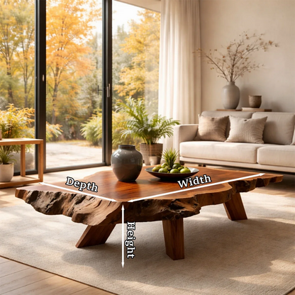 Coffee table with deep brown finish and sculptural base in a warm neutral modern living room